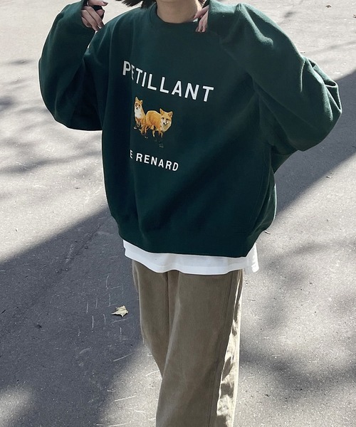 Chillfar（チルファー）の「キタキツネスウェット（スウェット・レディース・ネイビー/ホワイト×グリーン/チャコール/オートミール/ダークグリーン/ネイビー系/アイボリー系/グレー系/杢グレー・FREE）」の7枚目の写真