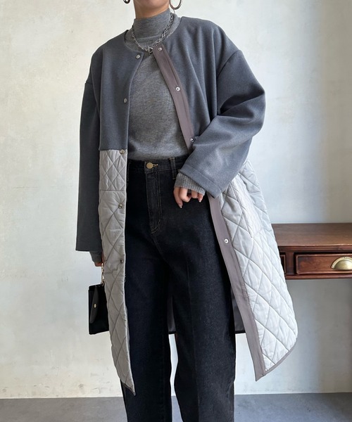 DouDou（ドゥドゥ）の「【WEB限定】メルトン×キルティング切替コート（ノーカラーコート・レディース・グレー/カーキ/ブラック・FREE）」の3枚目の写真