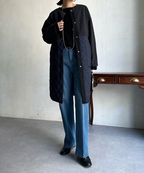 DouDou（ドゥドゥ）の「【WEB限定】メルトン×キルティング切替コート（ノーカラーコート・レディース・グレー/カーキ/ブラック・FREE）」の22枚目の写真