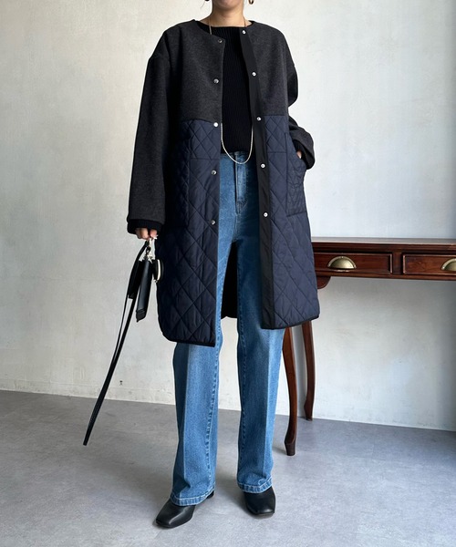 DouDou（ドゥドゥ）の「【WEB限定】メルトン×キルティング切替コート（ノーカラーコート・レディース・グレー/カーキ/ブラック・FREE）」の10枚目の写真