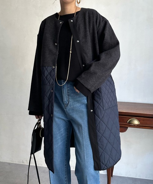 DouDou（ドゥドゥ）の「【WEB限定】メルトン×キルティング切替コート（ノーカラーコート・レディース・グレー/カーキ/ブラック・FREE）」の16枚目の写真