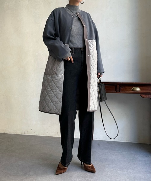 DouDou（ドゥドゥ）の「【WEB限定】メルトン×キルティング切替コート（ノーカラーコート・レディース・グレー/カーキ/ブラック・FREE）」の13枚目の写真