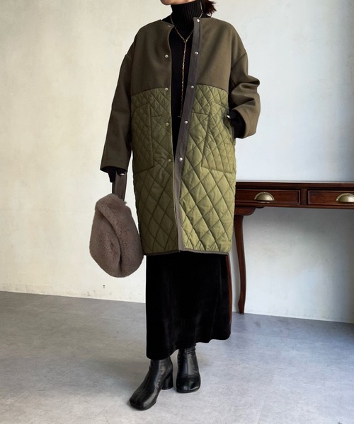 DouDou（ドゥドゥ）の「【WEB限定】メルトン×キルティング切替コート（ノーカラーコート・レディース・グレー/カーキ/ブラック・FREE）」の20枚目の写真