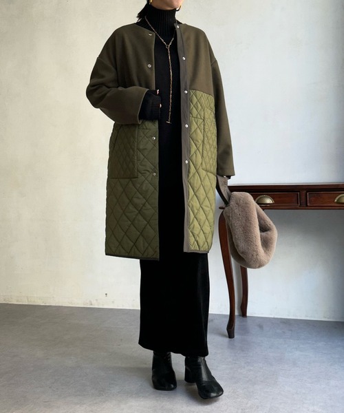DouDou（ドゥドゥ）の「【WEB限定】メルトン×キルティング切替コート（ノーカラーコート・レディース・グレー/カーキ/ブラック・FREE）」の14枚目の写真