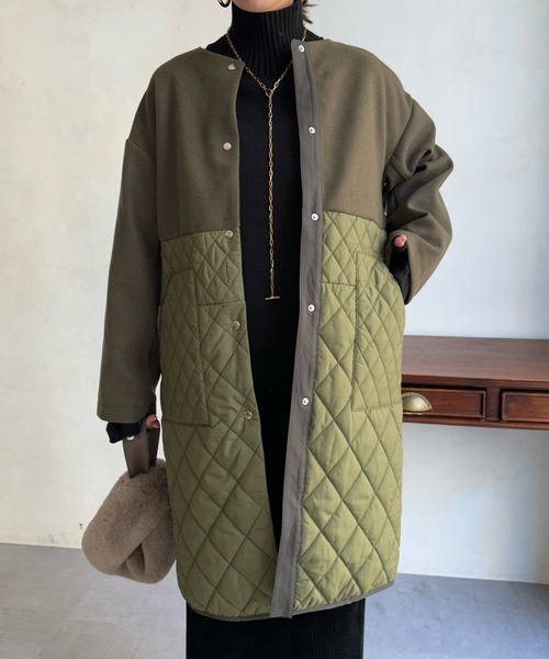 DouDou（ドゥドゥ）の「【WEB限定】メルトン×キルティング切替コート（ノーカラーコート・レディース・グレー/カーキ/ブラック・FREE）」の11枚目の写真