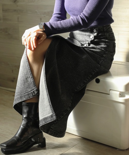 aimoha（アイモハ）の「【aimoha】オリジナル   フロントボタン　スリット　ストレッチデニムスカート（デニムスカート・レディース・インディゴブルー/ブラック/ブルー・SMALL/MEDIUM/LARGE/X-LARGE）」の6枚目の写真