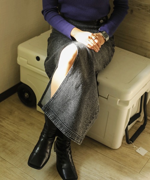 aimoha（アイモハ）の「【aimoha】オリジナル   フロントボタン　スリット　ストレッチデニムスカート（デニムスカート・レディース・インディゴブルー/ブラック/ブルー・SMALL/MEDIUM/LARGE/X-LARGE）」の8枚目の写真