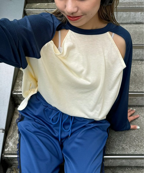 CIAOPANIC(チャオパニック)の「シアー配色肩スリットラグランTEE(Tシャツ/カットソー・レディース・グレー/グリーン/イエロー/オレンジ/ネイビー/ピンク/ダークグリーン・FREE)」の5枚目の写真