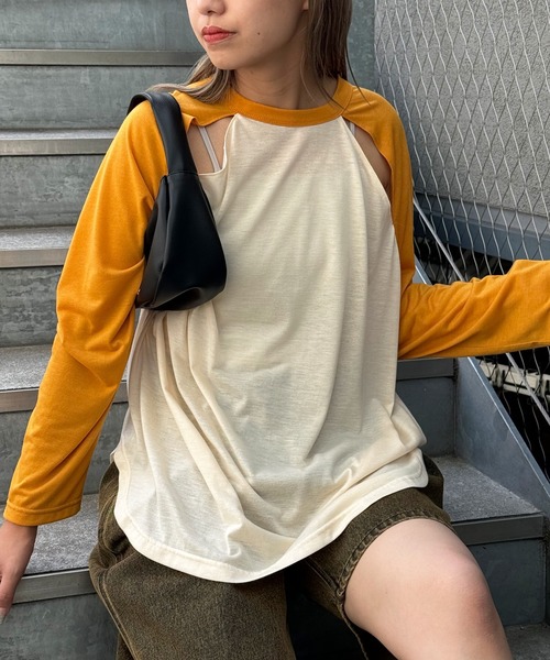 CIAOPANIC(チャオパニック)の「シアー配色肩スリットラグランTEE(Tシャツ/カットソー・レディース・グレー/グリーン/イエロー/オレンジ/ネイビー/ピンク/ダークグリーン・FREE)」の7枚目の写真