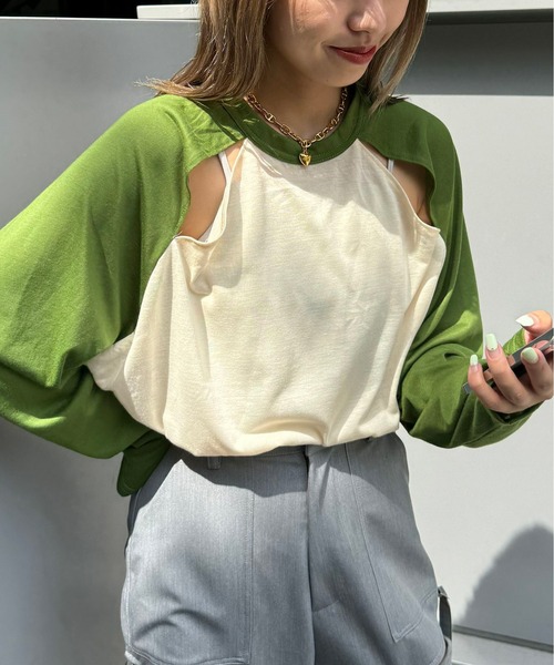 CIAOPANIC(チャオパニック)の「シアー配色肩スリットラグランTEE(Tシャツ/カットソー・レディース・グレー/グリーン/イエロー/オレンジ/ネイビー/ピンク/ダークグリーン・FREE)」の4枚目の写真