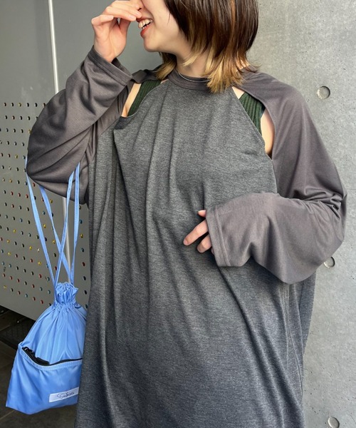 CIAOPANIC(チャオパニック)の「シアー配色肩スリットラグランTEE(Tシャツ/カットソー・レディース・グレー/グリーン/イエロー/オレンジ/ネイビー/ピンク/ダークグリーン・FREE)」の8枚目の写真