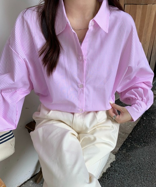 ad thie(アドティエ)の「オーバーサイズ ストライプシャツ(Tシャツ/カットソー・レディース・イエロー/ピンク/グリーン/ブルー系その他/ブラック・M/L)」の5枚目の写真