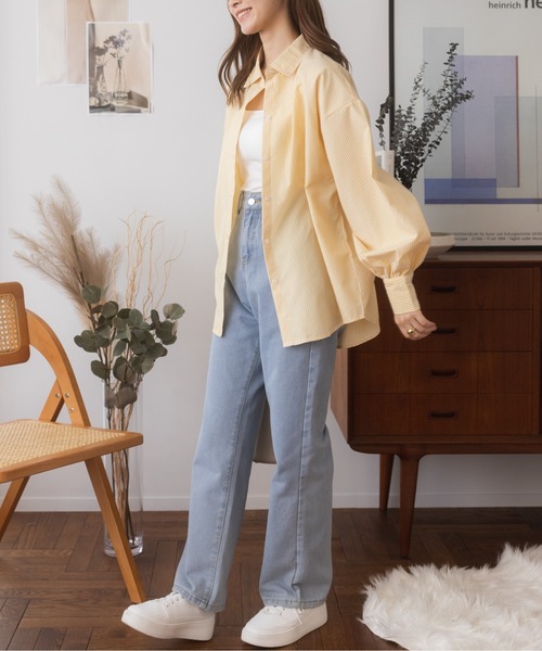 ad thie(アドティエ)の「オーバーサイズ ストライプシャツ(Tシャツ/カットソー・レディース・イエロー/ピンク/グリーン/ブルー系その他/ブラック・M/L)」の16枚目の写真