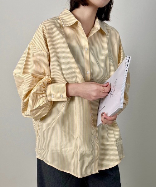 ad thie(アドティエ)の「オーバーサイズ ストライプシャツ(Tシャツ/カットソー・レディース・イエロー/ピンク/グリーン/ブルー系その他/ブラック・M/L)」の8枚目の写真