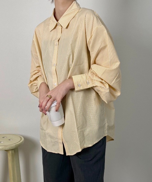 ad thie(アドティエ)の「オーバーサイズ ストライプシャツ(Tシャツ/カットソー・レディース・イエロー/ピンク/グリーン/ブルー系その他/ブラック・M/L)」の11枚目の写真
