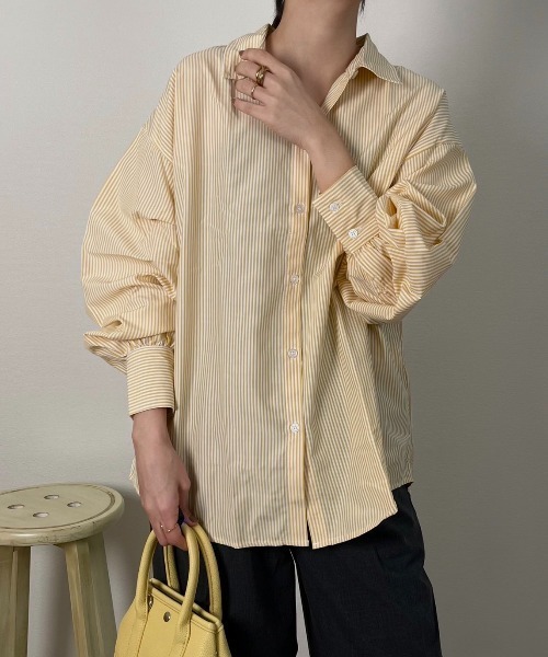 ad thie(アドティエ)の「オーバーサイズ ストライプシャツ(Tシャツ/カットソー・レディース・イエロー/ピンク/グリーン/ブルー系その他/ブラック・M/L)」の12枚目の写真