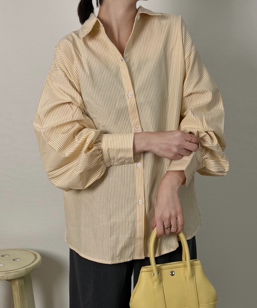 ad thie(アドティエ)の「オーバーサイズ ストライプシャツ(Tシャツ/カットソー・レディース・イエロー/ピンク/グリーン/ブルー系その他/ブラック・M/L)」の14枚目の写真