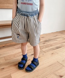 【aimoha-KIDS-】子供服 プリント入り無地+ストライプ切り替えデニムハーフパンツ