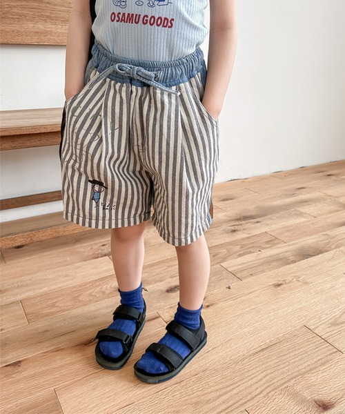 aimoha（アイモハ）の「【aimoha-KIDS-】子供服 プリント入り無地+ストライプ切り替えデニムハーフパンツ（デニムパンツ・キッズ・ブラック/ブルー・80/90/100/110/120/130）」の2枚目の写真
