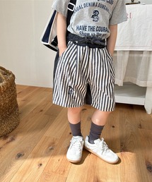 【aimoha-KIDS-】子供服 プリント入り無地+ストライプ切り替えデニムハーフパンツ
