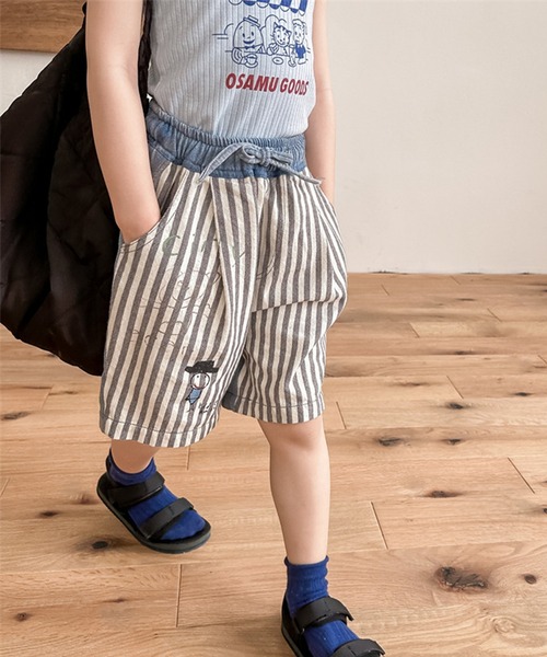 aimoha（アイモハ）の「【aimoha-KIDS-】子供服 プリント入り無地+ストライプ切り替えデニムハーフパンツ（デニムパンツ・キッズ・ブラック/ブルー・80/90/100/110/120/130）」の4枚目の写真