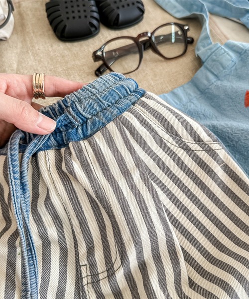 aimoha（アイモハ）の「【aimoha-KIDS-】子供服 プリント入り無地+ストライプ切り替えデニムハーフパンツ（デニムパンツ・キッズ・ブラック/ブルー・80/90/100/110/120/130）」の16枚目の写真