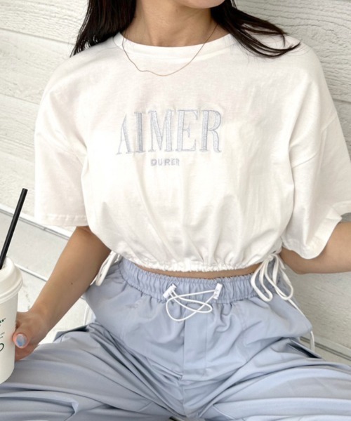 OLIVE des OLIVE(オリーブデオリーブ)の「裾リボンクロップドTシャツ 1031060430(Tシャツ/カットソー・レディース・ライム/オートミール/ブラック系その他/オフホワイト/ブラック・FREE)」の2枚目の写真