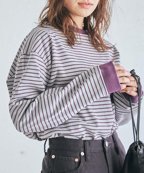 coen（コーエン）の「USAコットンレトロボーダーTシャツ（WEB限定カラー）（Tシャツ/カットソー・レディース・ブラック/ベージュ/パープル/ブラウン/オレンジ/モカ/ナチュラル/オレンジ系その他/ダークグレー・M/L）」の7枚目の写真