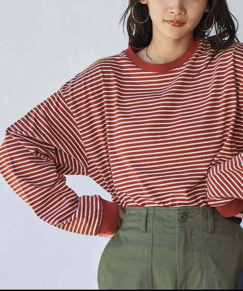 coen（コーエン）の「USAコットンレトロボーダーTシャツ（WEB限定カラー）（Tシャツ/カットソー・レディース・ブラック/ベージュ/パープル/ブラウン/オレンジ/モカ/ナチュラル/オレンジ系その他/ダークグレー・M/L）」の9枚目の写真