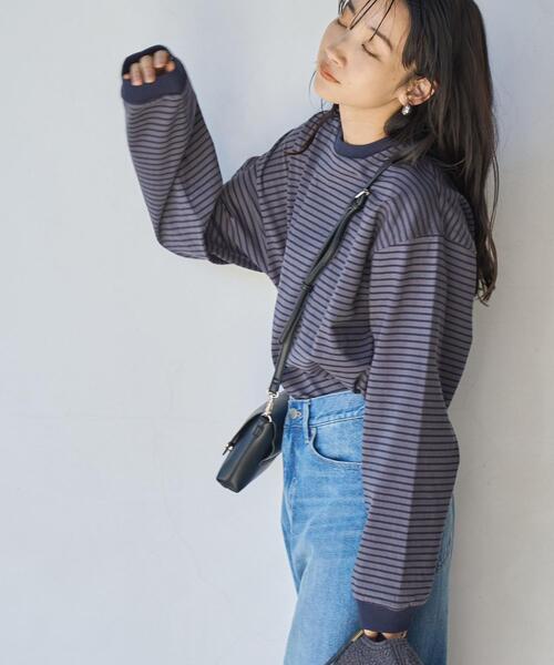 coen（コーエン）の「USAコットンレトロボーダーTシャツ（WEB限定カラー）（Tシャツ/カットソー・レディース・ブラック/ベージュ/パープル/ブラウン/オレンジ/モカ/ナチュラル/オレンジ系その他/ダークグレー・M/L）」の12枚目の写真