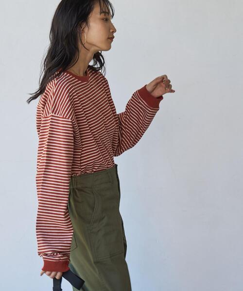 coen（コーエン）の「USAコットンレトロボーダーTシャツ（WEB限定カラー）（Tシャツ/カットソー・レディース・ブラック/ベージュ/パープル/ブラウン/オレンジ/モカ/ナチュラル/オレンジ系その他/ダークグレー・M/L）」の16枚目の写真