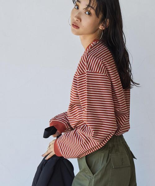 coen（コーエン）の「USAコットンレトロボーダーTシャツ（WEB限定カラー）（Tシャツ/カットソー・レディース・ブラック/ベージュ/パープル/ブラウン/オレンジ/モカ/ナチュラル/オレンジ系その他/ダークグレー・M/L）」の17枚目の写真