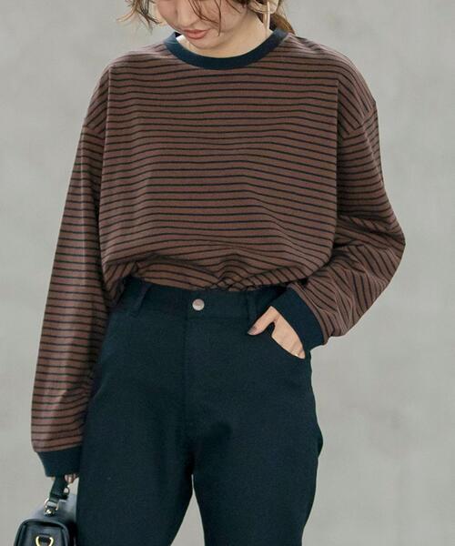 coen（コーエン）の「USAコットンレトロボーダーTシャツ（WEB限定カラー）（Tシャツ/カットソー・レディース・ブラック/ベージュ/パープル/ブラウン/オレンジ/モカ/ナチュラル/オレンジ系その他/ダークグレー・M/L）」の20枚目の写真