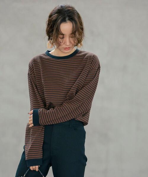 coen（コーエン）の「USAコットンレトロボーダーTシャツ（WEB限定カラー）（Tシャツ/カットソー・レディース・ブラック/ベージュ/パープル/ブラウン/オレンジ/モカ/ナチュラル/オレンジ系その他/ダークグレー・M/L）」の21枚目の写真