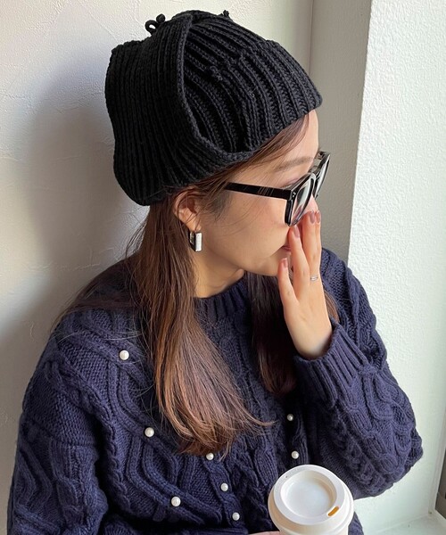 Stuart Austin（ステュアートオースティン）の「【Stuart Austin/ステュアートオースティン】リブニットフライトキャップ（ニットキャップ/ビーニー・レディース・ブラック/アイボリー/ネイビー・FREE）」の2枚目の写真