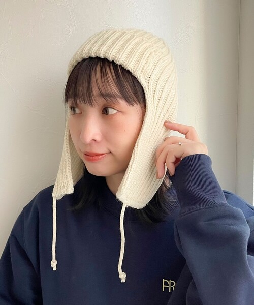 Stuart Austin（ステュアートオースティン）の「【Stuart Austin/ステュアートオースティン】リブニットフライトキャップ（ニットキャップ/ビーニー・レディース・ブラック/アイボリー/ネイビー・FREE）」の4枚目の写真