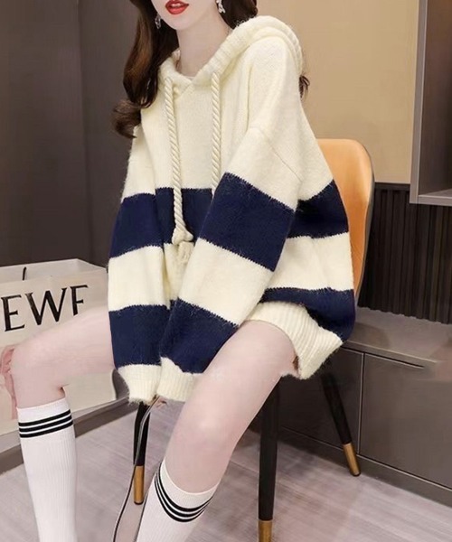 Miniministore(ミニミニストア)の「ニットパーカー ボーダー柄レディース韓国(ニット/セーター・レディース・ホワイト×ネイビー/ピンク・フリー)」の3枚目の写真