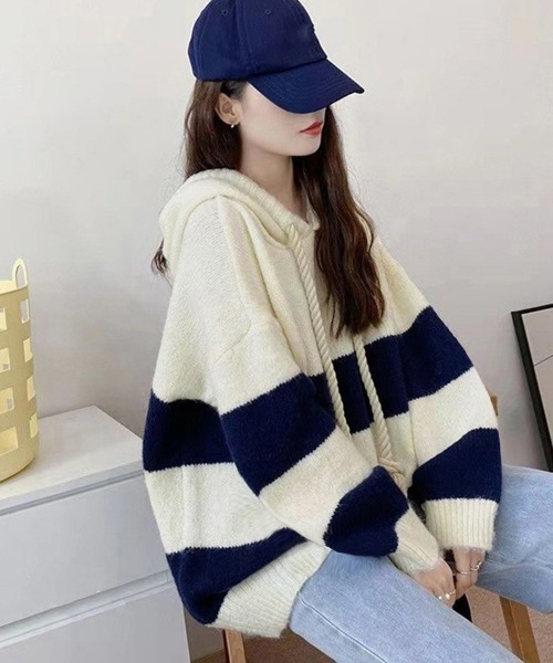 Miniministore(ミニミニストア)の「ニットパーカー ボーダー柄レディース韓国(ニット/セーター・レディース・ホワイト×ネイビー/ピンク・フリー)」の4枚目の写真