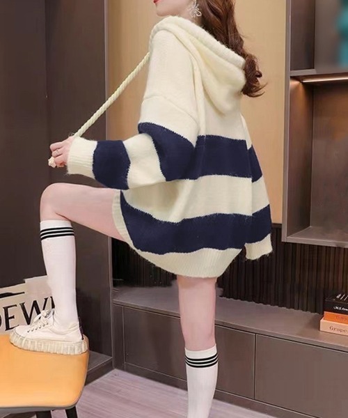 Miniministore(ミニミニストア)の「ニットパーカー ボーダー柄レディース韓国(ニット/セーター・レディース・ホワイト×ネイビー/ピンク・フリー)」の5枚目の写真