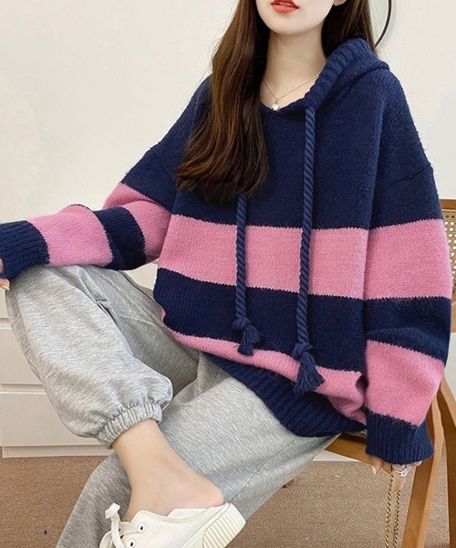 Miniministore(ミニミニストア)の「ニットパーカー ボーダー柄レディース韓国(ニット/セーター・レディース・ホワイト×ネイビー/ピンク・フリー)」の7枚目の写真