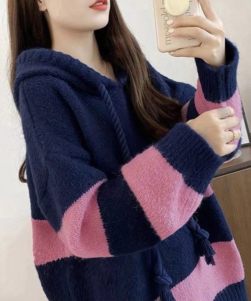 Miniministore(ミニミニストア)の「ニットパーカー ボーダー柄レディース韓国(ニット/セーター・レディース・ホワイト×ネイビー/ピンク・フリー)」の10枚目の写真