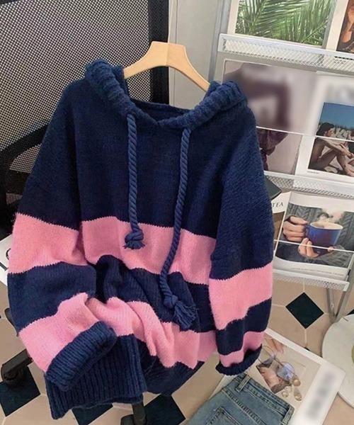 Miniministore(ミニミニストア)の「ニットパーカー ボーダー柄レディース韓国(ニット/セーター・レディース・ホワイト×ネイビー/ピンク・フリー)」の11枚目の写真