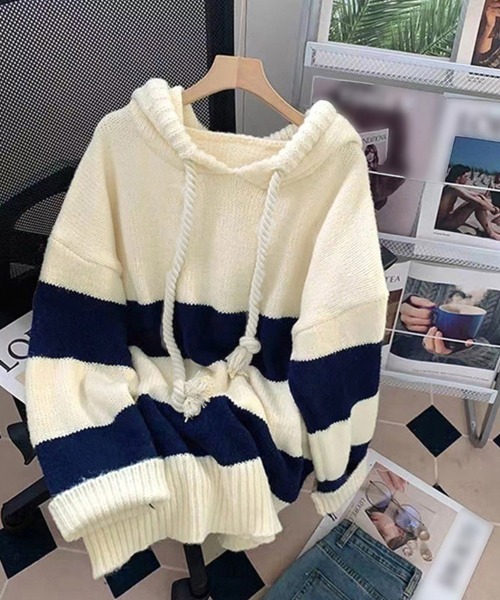 Miniministore(ミニミニストア)の「ニットパーカー ボーダー柄レディース韓国(ニット/セーター・レディース・ホワイト×ネイビー/ピンク・フリー)」の12枚目の写真