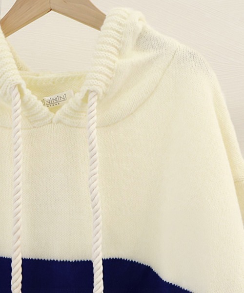 Miniministore(ミニミニストア)の「ニットパーカー ボーダー柄レディース韓国(ニット/セーター・レディース・ホワイト×ネイビー/ピンク・フリー)」の13枚目の写真