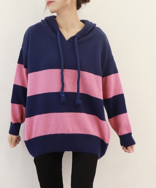 Miniministore(ミニミニストア)の「ニットパーカー ボーダー柄レディース韓国(ニット/セーター・レディース・ホワイト×ネイビー/ピンク・フリー)」の14枚目の写真