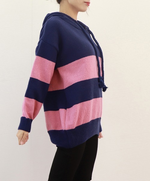 Miniministore(ミニミニストア)の「ニットパーカー ボーダー柄レディース韓国(ニット/セーター・レディース・ホワイト×ネイビー/ピンク・フリー)」の15枚目の写真