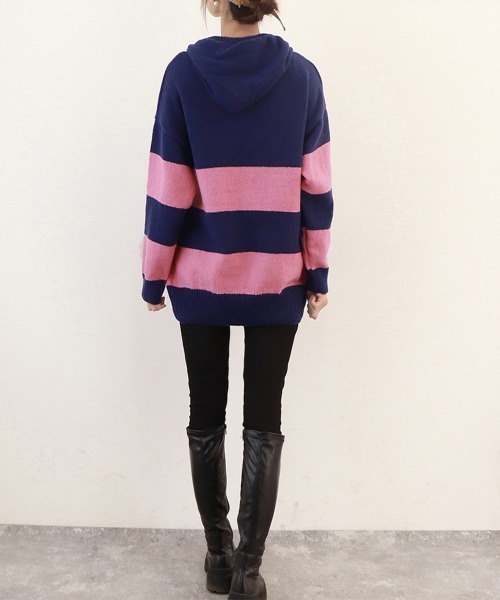 Miniministore(ミニミニストア)の「ニットパーカー ボーダー柄レディース韓国(ニット/セーター・レディース・ホワイト×ネイビー/ピンク・フリー)」の16枚目の写真