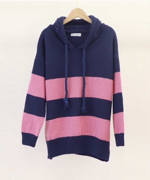 Miniministore(ミニミニストア)の「ニットパーカー ボーダー柄レディース韓国(ニット/セーター・レディース・ホワイト×ネイビー/ピンク・フリー)」の17枚目の写真