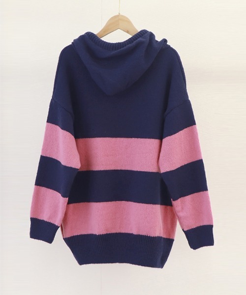 Miniministore(ミニミニストア)の「ニットパーカー ボーダー柄レディース韓国(ニット/セーター・レディース・ホワイト×ネイビー/ピンク・フリー)」の18枚目の写真