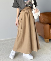 ふんわりカジュアル。麻混ウエストドロスト配色ステッチロングスカート
